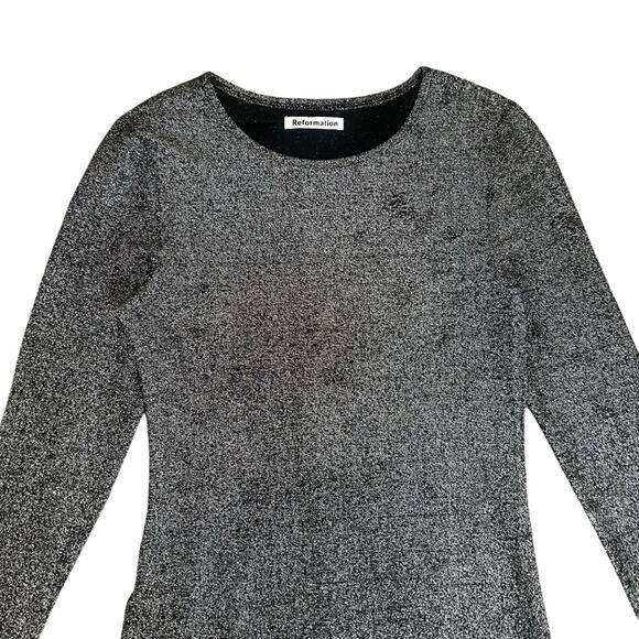 Reformation Women’s Riley Long Sleeve Metallic Silver Black Glitter Mini Dress M - Picture 4 of 16